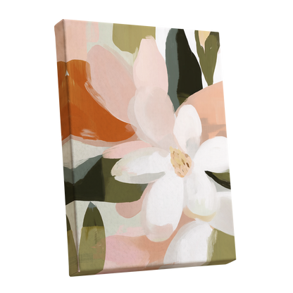 Blush Garden Forms, white, pink, green floral wall art shown as a stretched canvas wall art