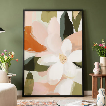 Blush Garden Forms, white, pink, green floral wall art displayed in a styled interior, gallery view 2