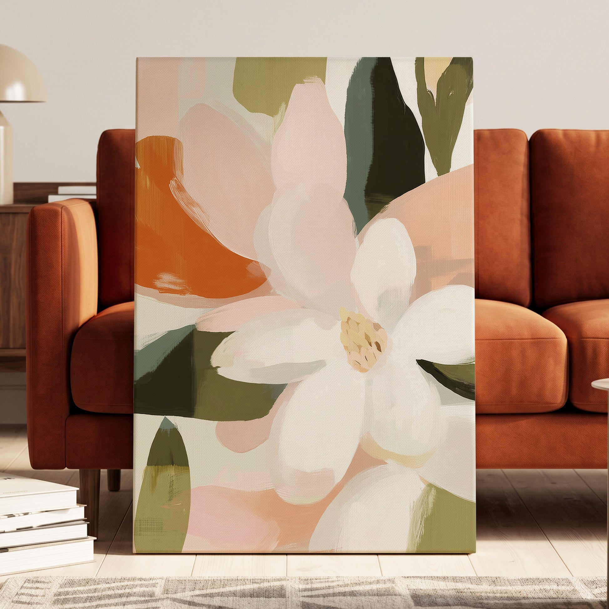 Blush Garden Forms, white, pink, green floral wall art displayed in a styled interior, gallery view 7