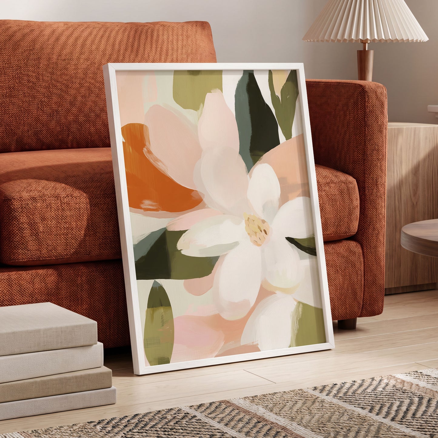 Blush Garden Forms, white, pink, green floral wall art displayed in a styled interior, gallery view 9