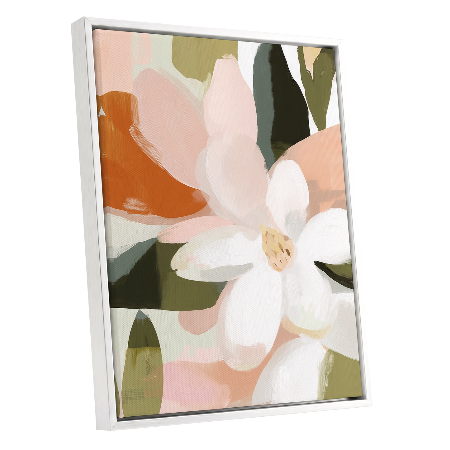 Blush Garden Forms, white, pink, green floral wall art shown as a white framed canvas wall art