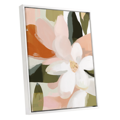 Blush Garden Forms, white, pink, green floral wall art shown as a white framed canvas wall art