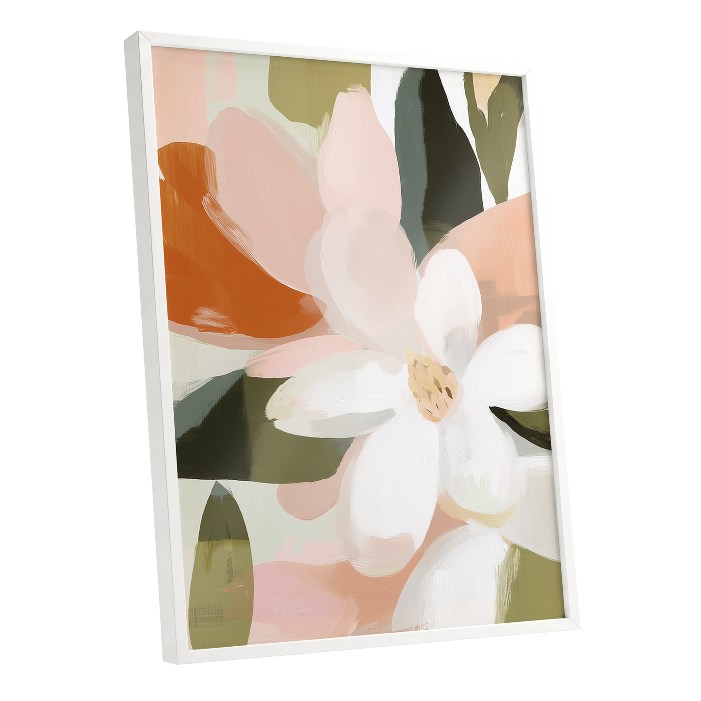 Blush Garden Forms, white, pink, green floral wall art shown as a white framed poster wall art print