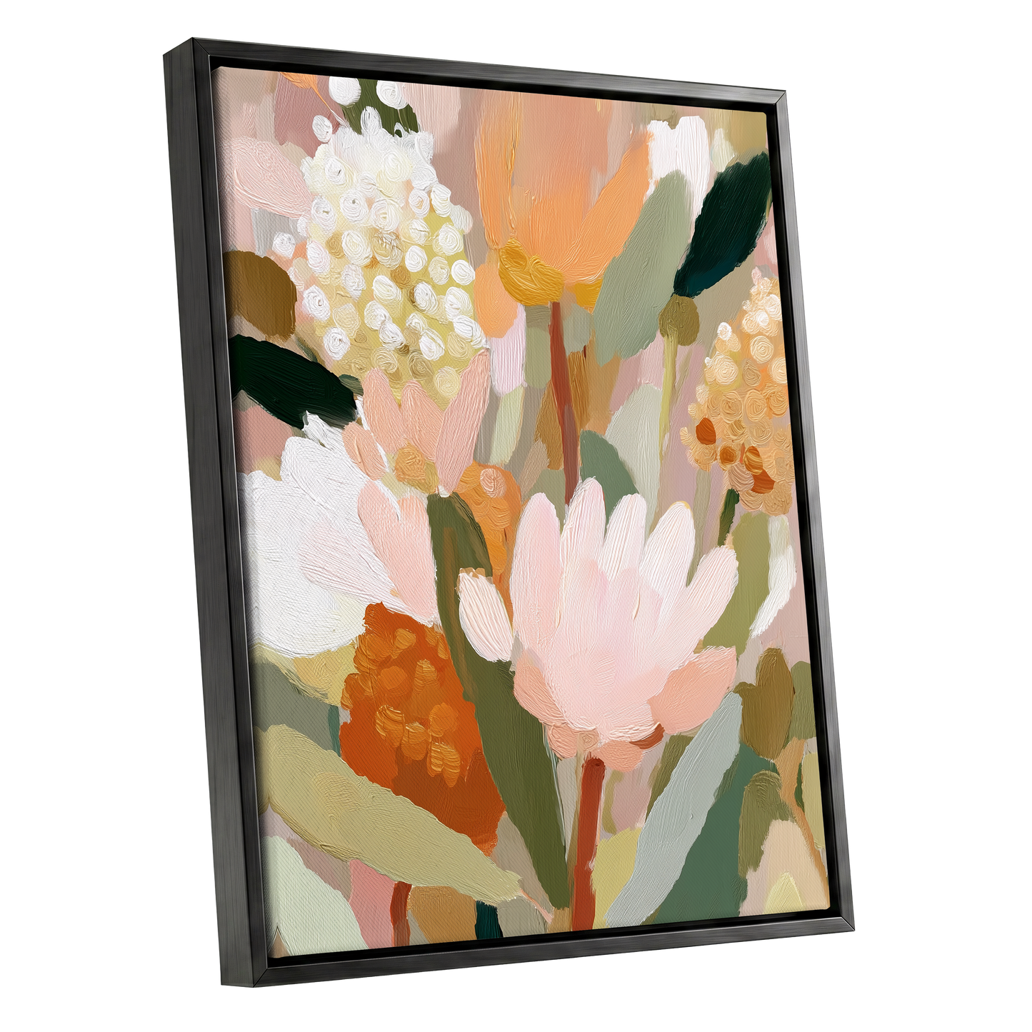 Blush Garden Reverie, pink, white, green floral wall art shown as a black framed canvas wall art