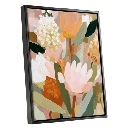 Blush Garden Reverie, pink, white, green floral wall art shown as a black framed canvas wall art