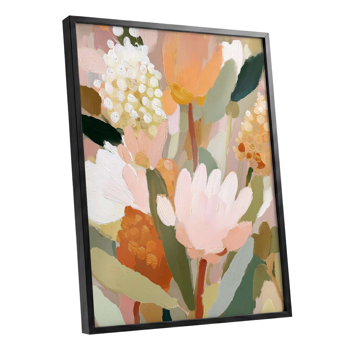 Blush Garden Reverie, pink, white, green floral wall art shown as a black framed poster wall art print