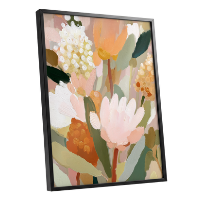 Blush Garden Reverie, pink, white, green floral wall art shown as a black framed poster wall art print