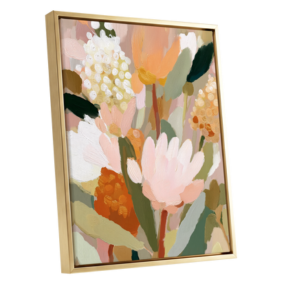 Blush Garden Reverie, pink, white, green floral wall art shown as a gold framed canvas wall art