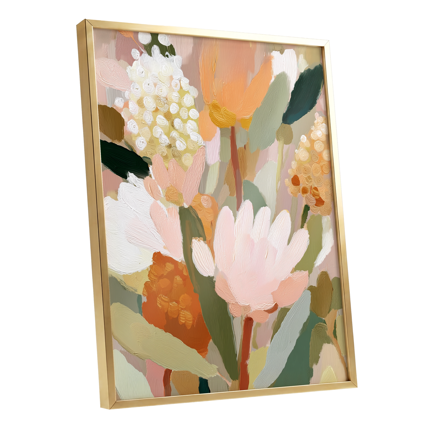 Blush Garden Reverie, pink, white, green floral wall art shown as a gold framed poster wall art print