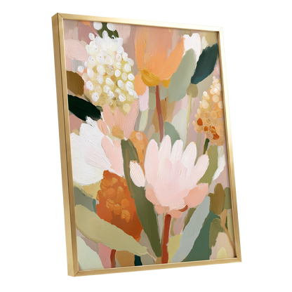 Blush Garden Reverie, pink, white, green floral wall art shown as a gold framed poster wall art print