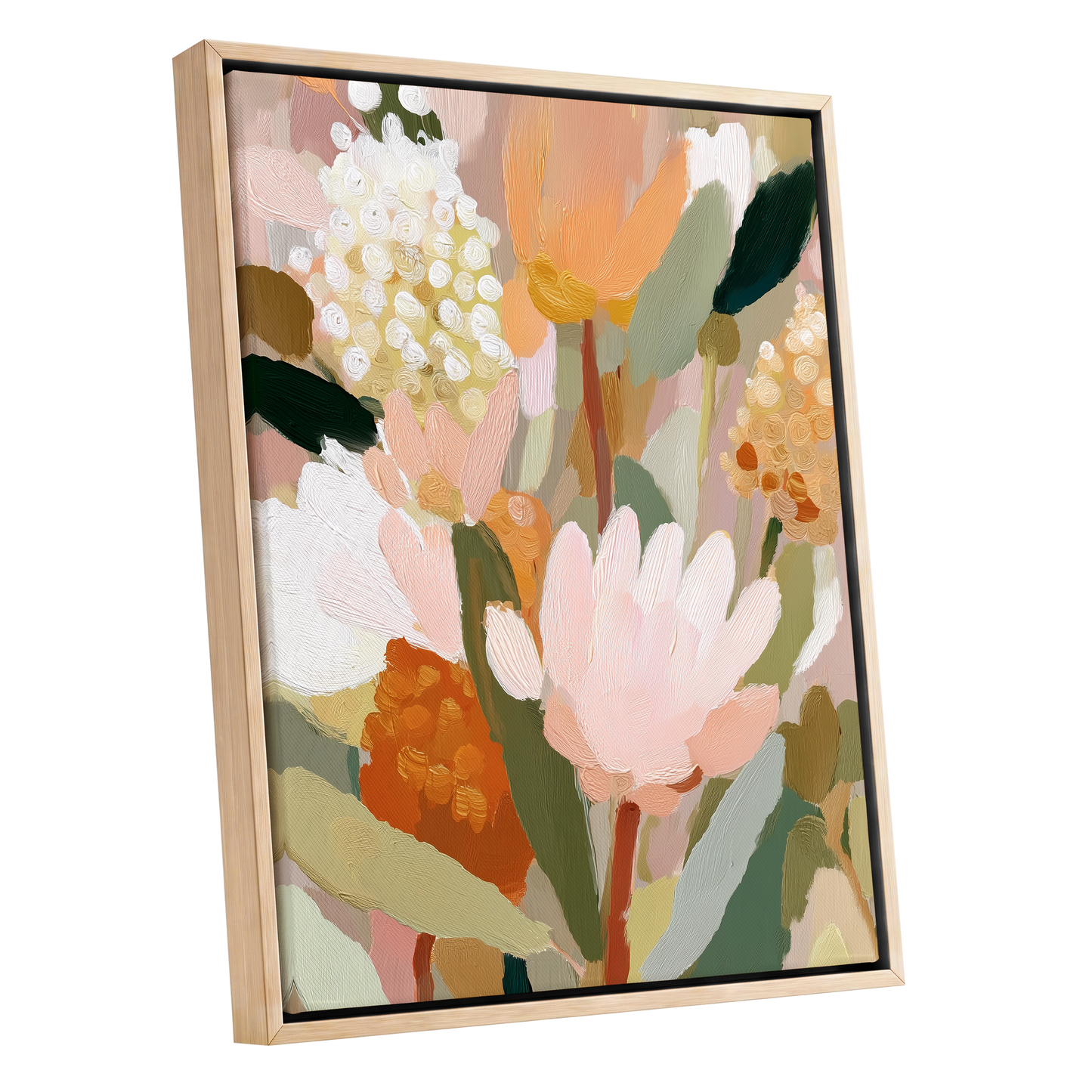 Blush Garden Reverie, pink, white, green floral wall art shown as a oak framed canvas wall art