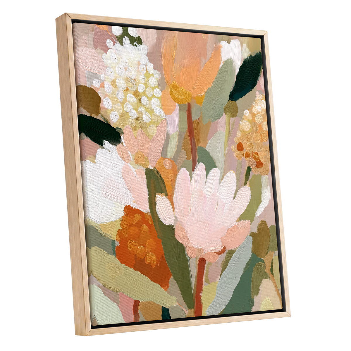 Blush Garden Reverie, pink, white, green floral wall art shown as a oak framed canvas wall art