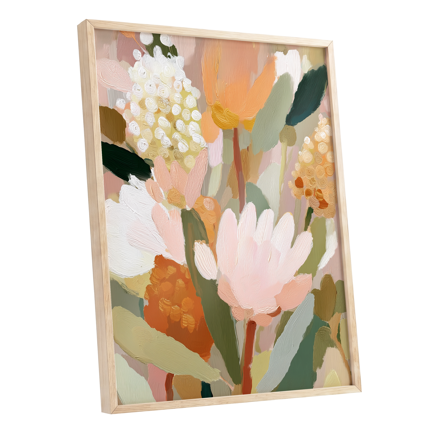 Blush Garden Reverie, pink, white, green floral wall art shown as a oak framed poster wall art print