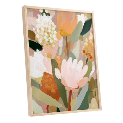 Blush Garden Reverie, pink, white, green floral wall art shown as a oak framed poster wall art print