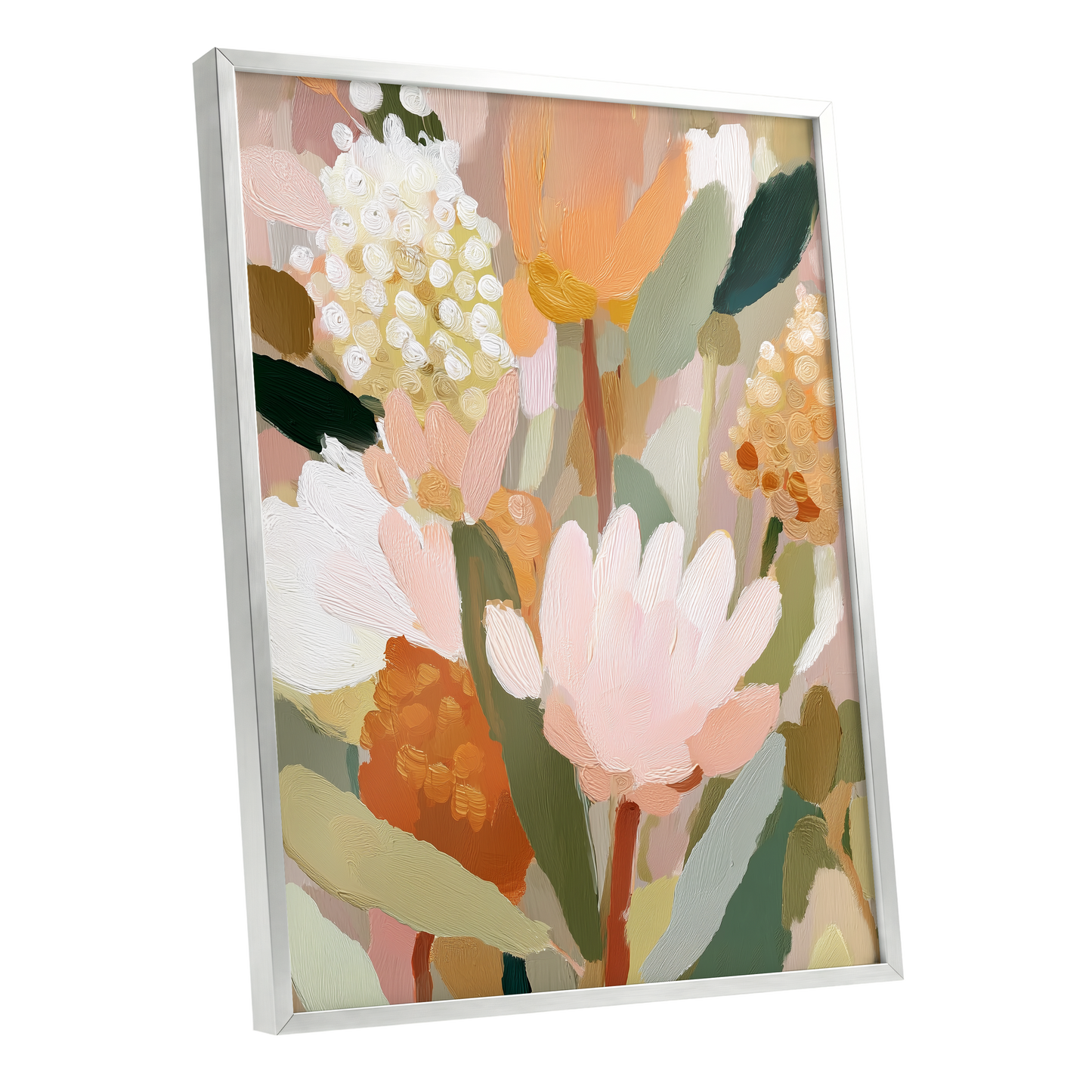 Blush Garden Reverie, pink, white, green floral wall art shown as a silver framed poster wall art print