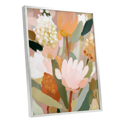 Blush Garden Reverie, pink, white, green floral wall art shown as a silver framed poster wall art print