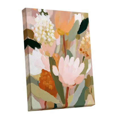Blush Garden Reverie, pink, white, green floral wall art shown as a stretched canvas wall art