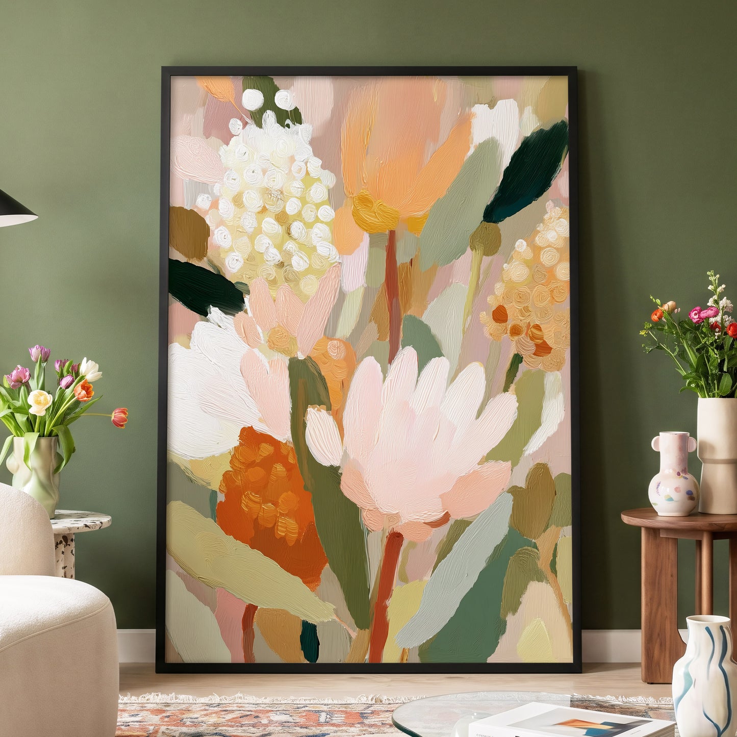 Blush Garden Reverie, pink, white, green floral wall art displayed in a styled interior, gallery view 2