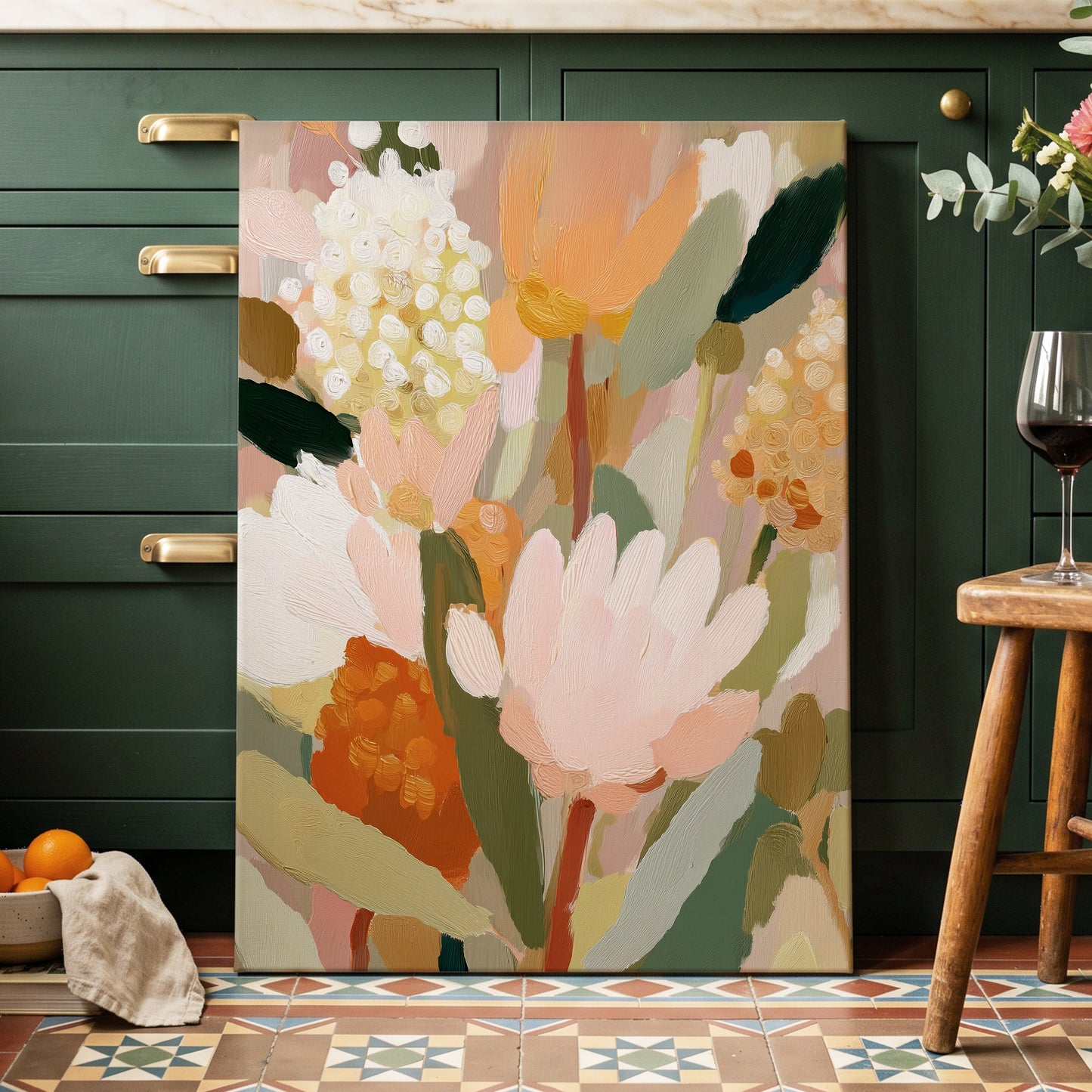 Blush Garden Reverie, pink, white, green floral wall art displayed in a styled interior, gallery view 3