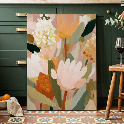 Blush Garden Reverie, pink, white, green floral wall art displayed in a styled interior, gallery view 3