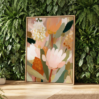 Blush Garden Reverie, pink, white, green floral wall art displayed in a styled interior, gallery view 4