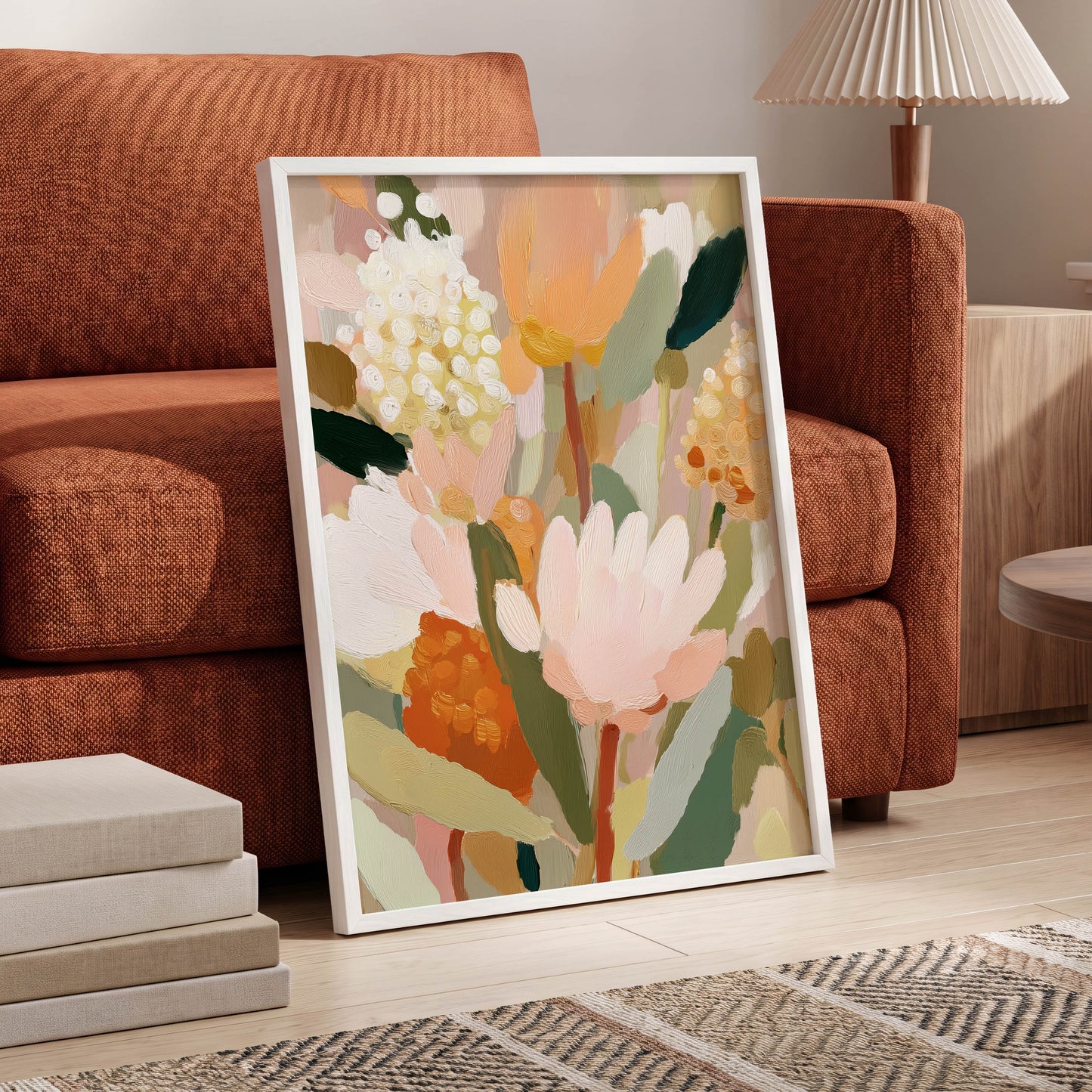 Blush Garden Reverie, pink, white, green floral wall art displayed in a styled interior, gallery view 6