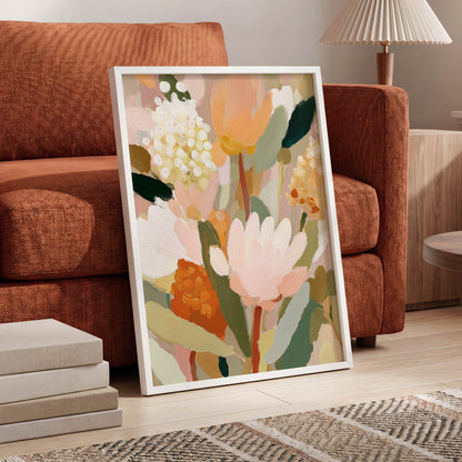 Blush Garden Reverie, pink, white, green floral wall art displayed in a styled interior, gallery view 6