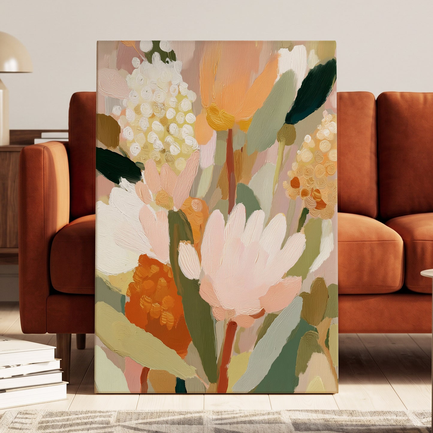 Blush Garden Reverie, pink, white, green floral wall art displayed in a styled interior, gallery view 7