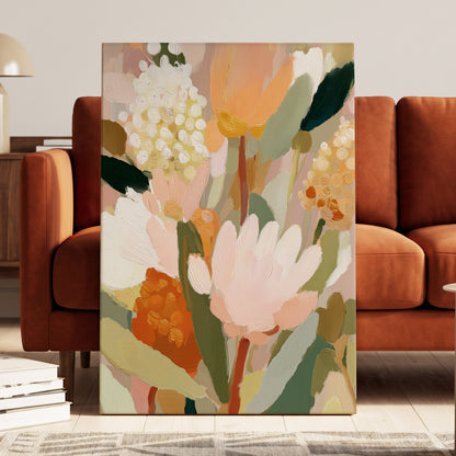 Blush Garden Reverie, pink, white, green floral wall art displayed in a styled interior, gallery view 7