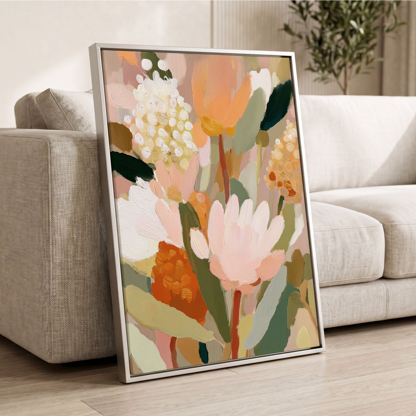 Blush Garden Reverie, pink, white, green floral wall art displayed in a styled interior, gallery view 8