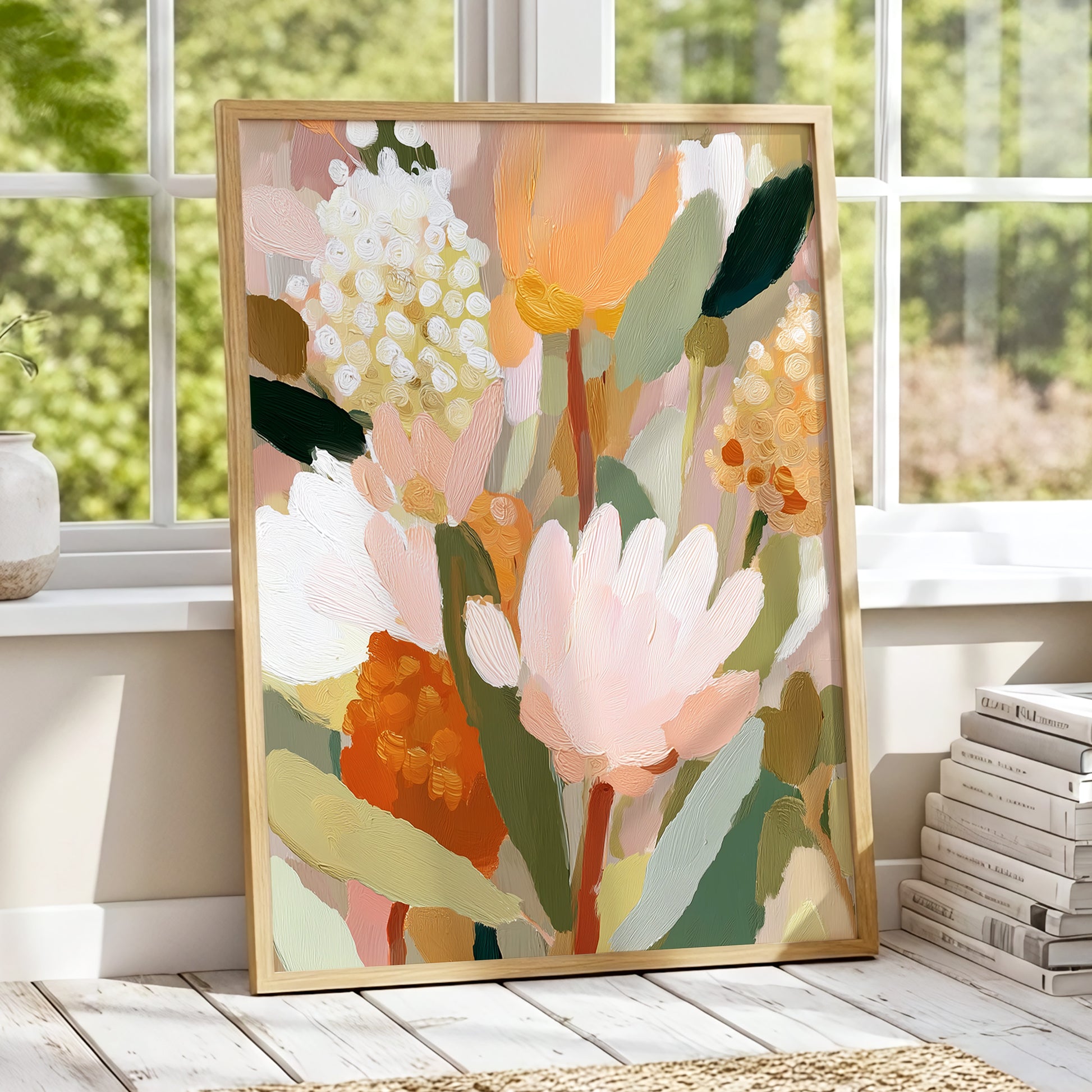 Blush Garden Reverie, pink, white, green floral wall art displayed in a styled interior, gallery view 9