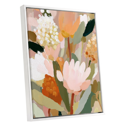 Blush Garden Reverie, pink, white, green floral wall art shown as a white framed canvas wall art