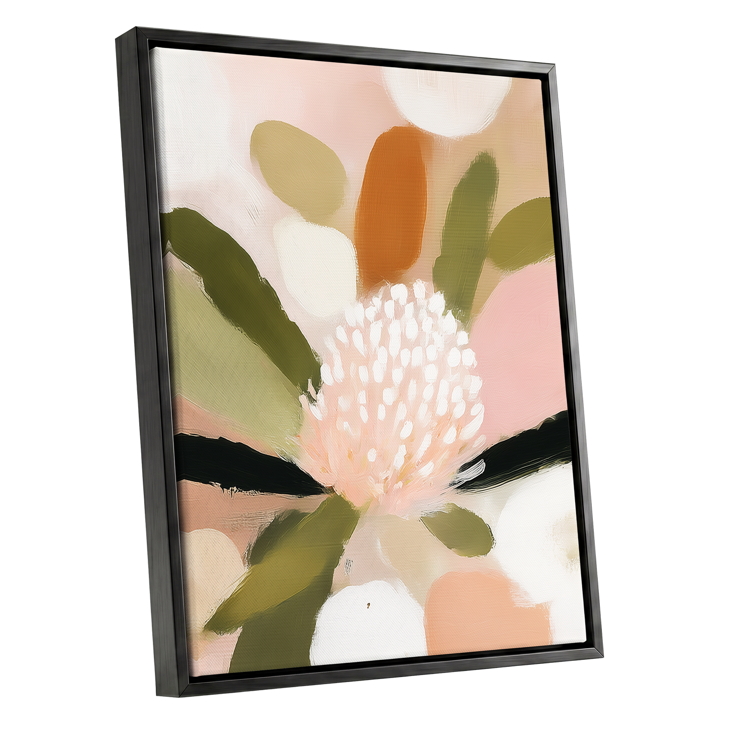 Blush Garden Rhythm, pink, white, green floral wall art shown as a black framed canvas wall art