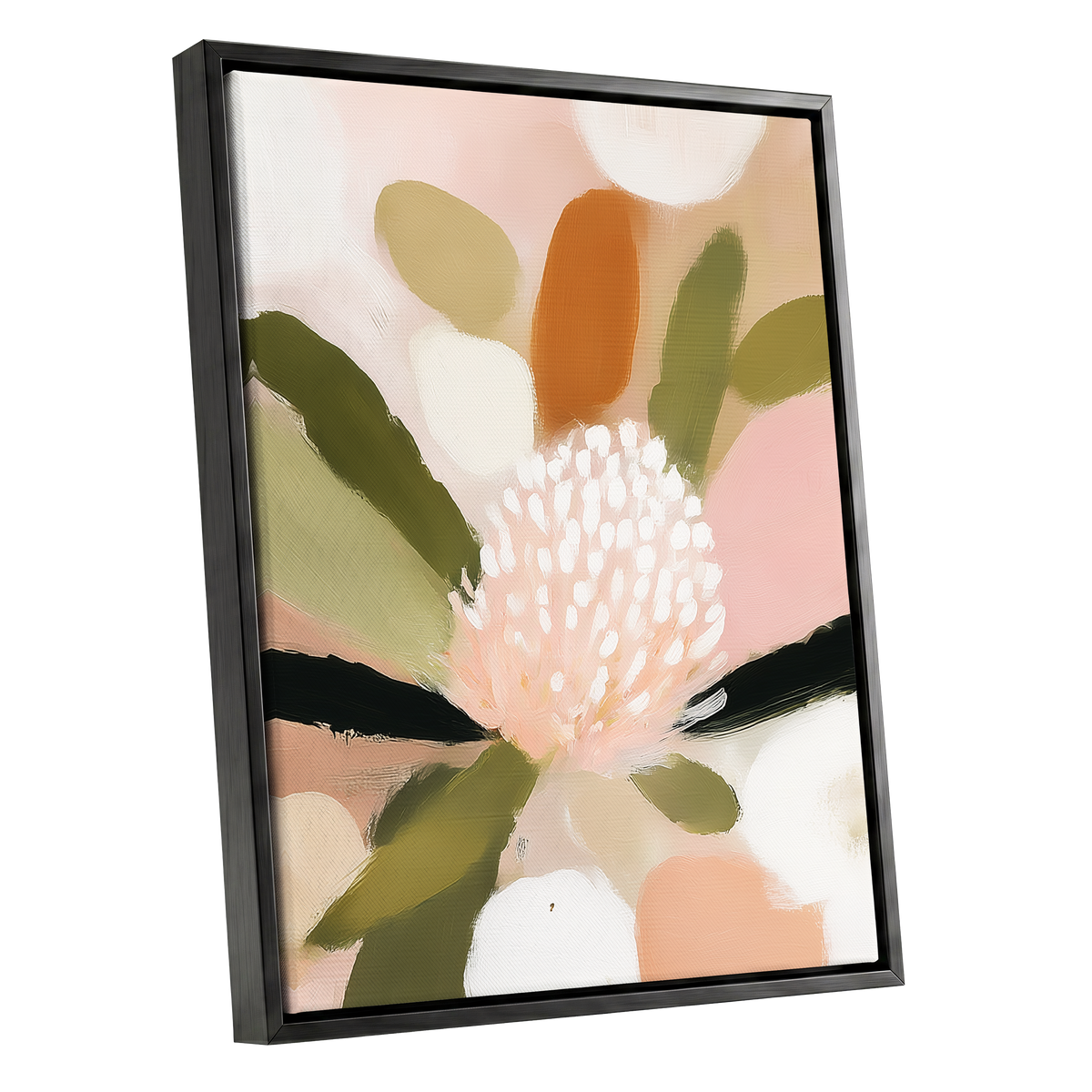 Blush Garden Rhythm, pink, white, green floral wall art shown as a black framed canvas wall art