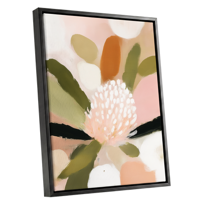 Blush Garden Rhythm, pink, white, green floral wall art shown as a black framed canvas wall art