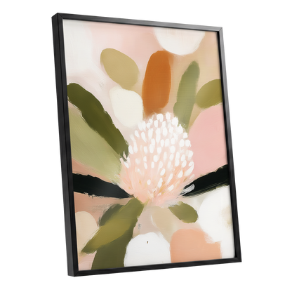 Blush Garden Rhythm, pink, white, green floral wall art shown as a black framed poster wall art print