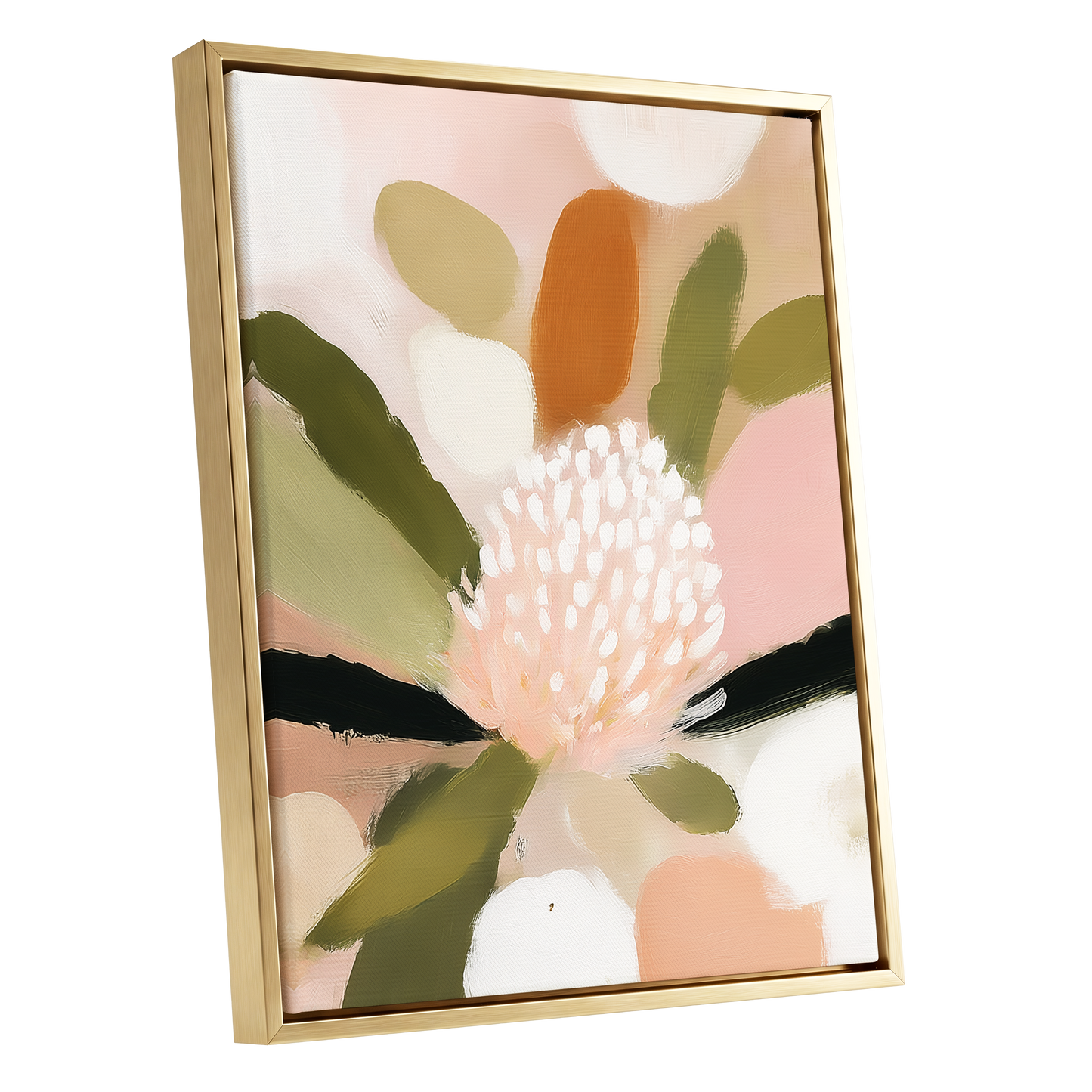 Blush Garden Rhythm, pink, white, green floral wall art shown as a gold framed canvas wall art