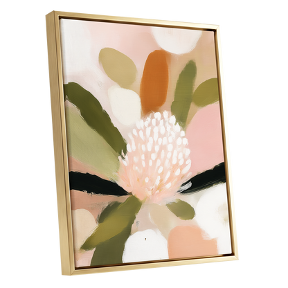 Blush Garden Rhythm, pink, white, green floral wall art shown as a gold framed canvas wall art