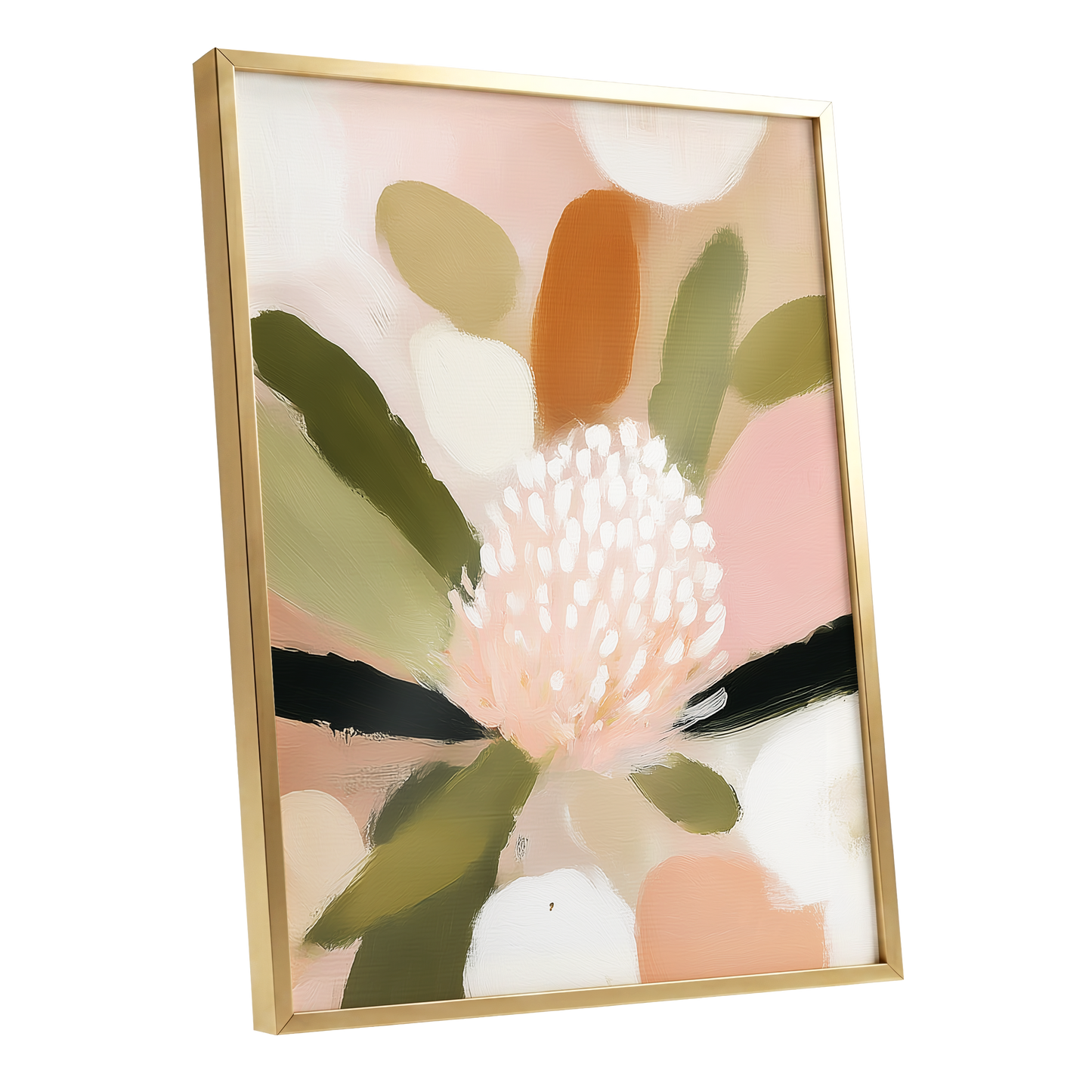 Blush Garden Rhythm, pink, white, green floral wall art shown as a gold framed poster wall art print
