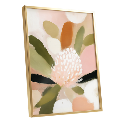 Blush Garden Rhythm, pink, white, green floral wall art shown as a gold framed poster wall art print