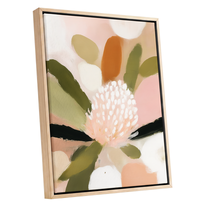 Blush Garden Rhythm, pink, white, green floral wall art shown as a oak framed canvas wall art