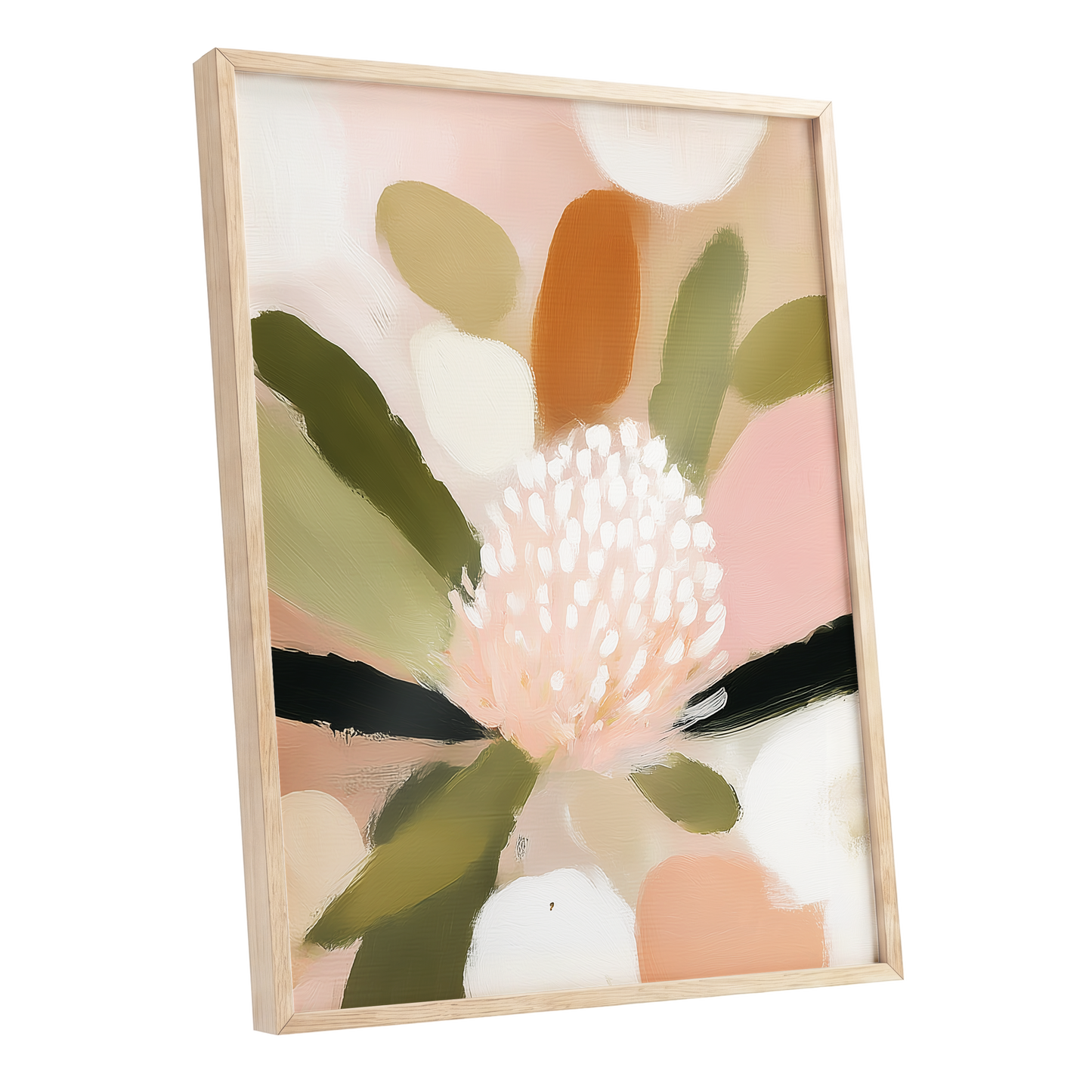 Blush Garden Rhythm, pink, white, green floral wall art shown as a oak framed poster wall art print