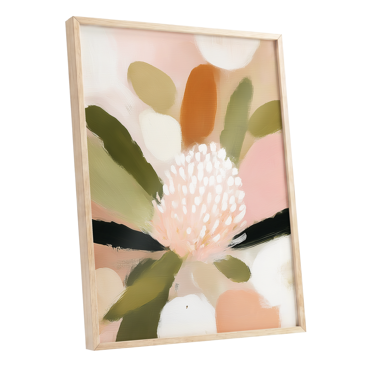 Blush Garden Rhythm, pink, white, green floral wall art shown as a oak framed poster wall art print