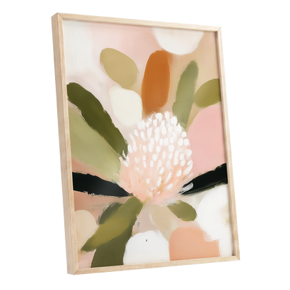 Blush Garden Rhythm, pink, white, green floral wall art shown as a oak framed poster wall art print