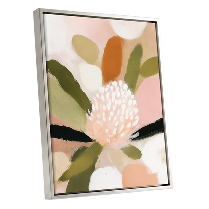 Blush Garden Rhythm, pink, white, green floral wall art shown as a silver framed canvas wall art