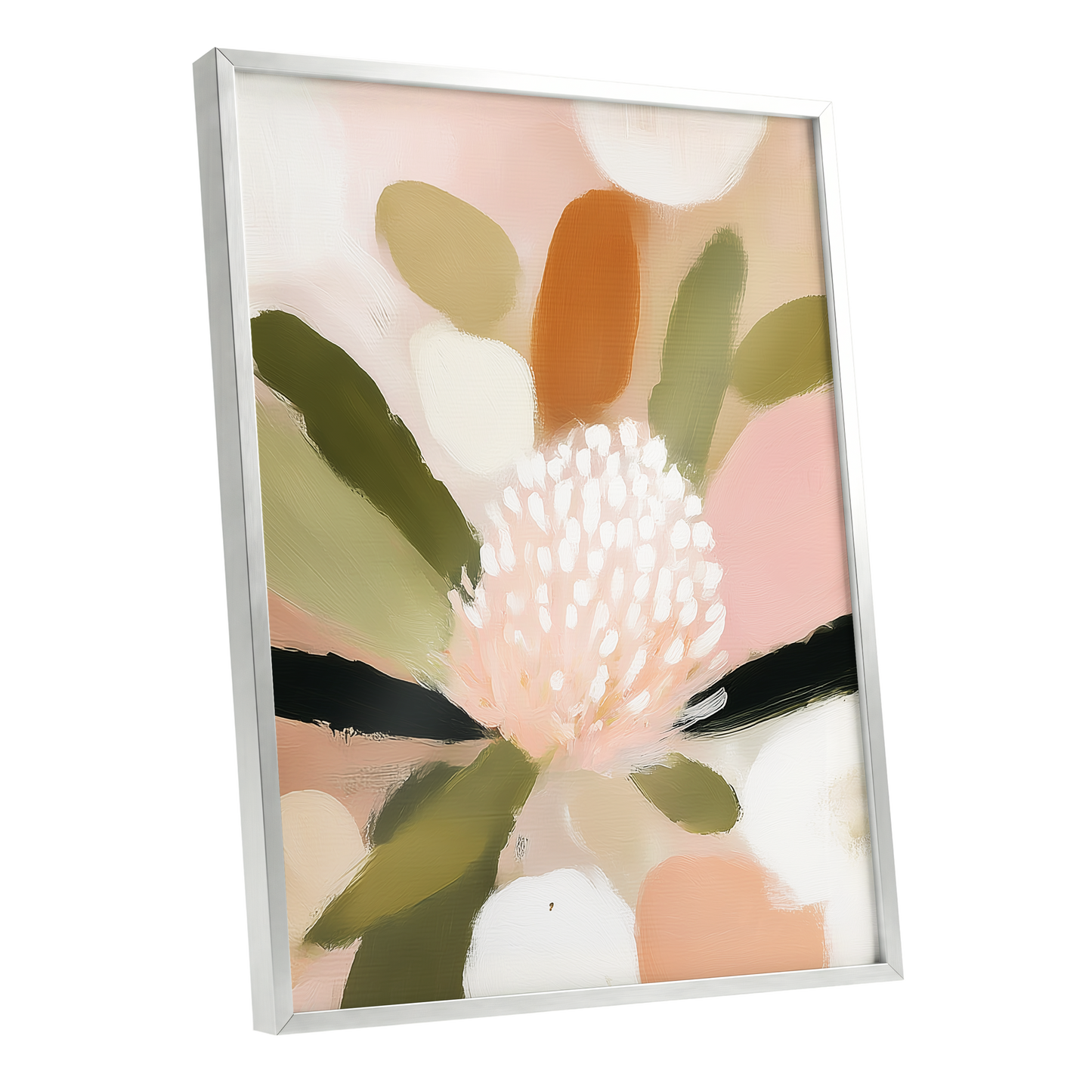 Blush Garden Rhythm, pink, white, green floral wall art shown as a silver framed poster wall art print