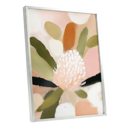 Blush Garden Rhythm, pink, white, green floral wall art shown as a silver framed poster wall art print