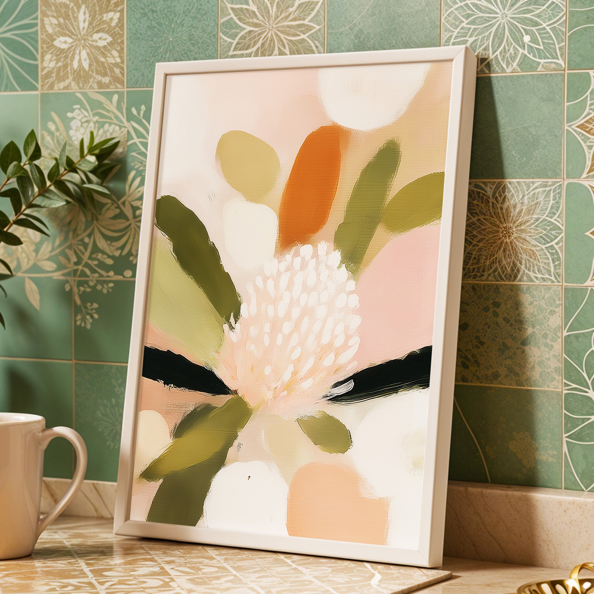 Blush Garden Rhythm, pink, white, green floral wall art displayed in a styled interior, gallery view 2