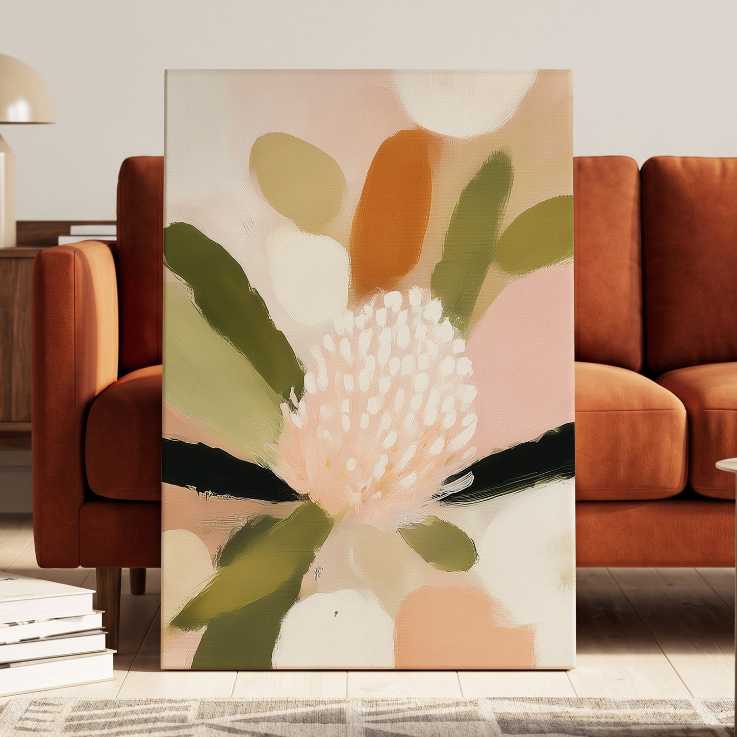Blush Garden Rhythm, pink, white, green floral wall art displayed in a styled interior, gallery view 3
