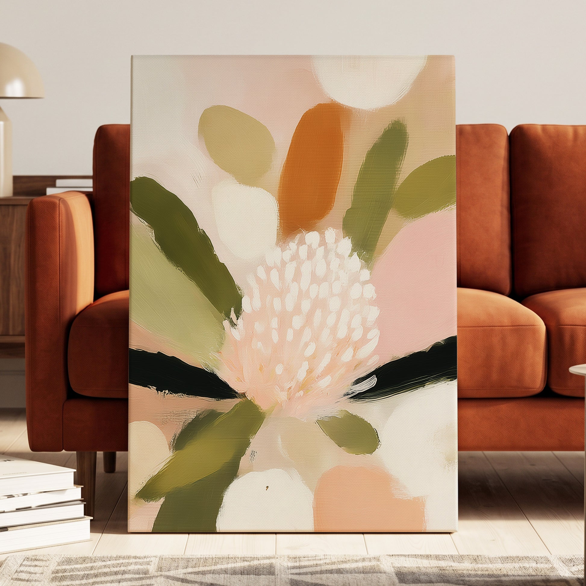Blush Garden Rhythm, pink, white, green floral wall art displayed in a styled interior, gallery view 3